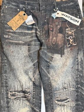 Watson Denim Jeans Men’s Size 38 Black Graphic Distressed Grunge Streetwear NWT